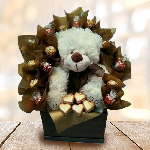 Marvelous Teddy with Handmade Chocolates Arrangement
