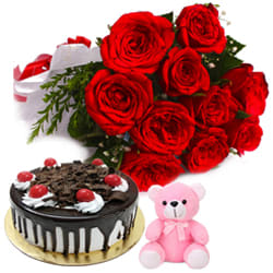 Combo of Cake with Teddy   Red Roses Bouquet