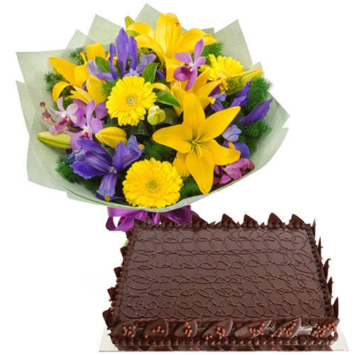 Dazzling Assorted Flower Bouquet   Chocolate Cake