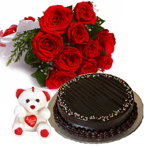 Chocolate Truffle Cake with Roses Bouquet   Teddy