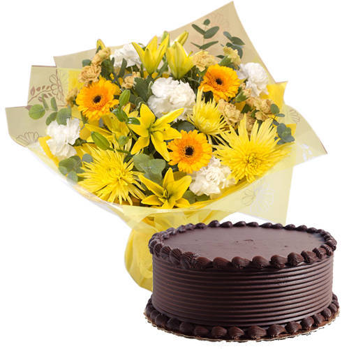 Luminous Mixed Flowers Bunch with Eggless Choco Cake