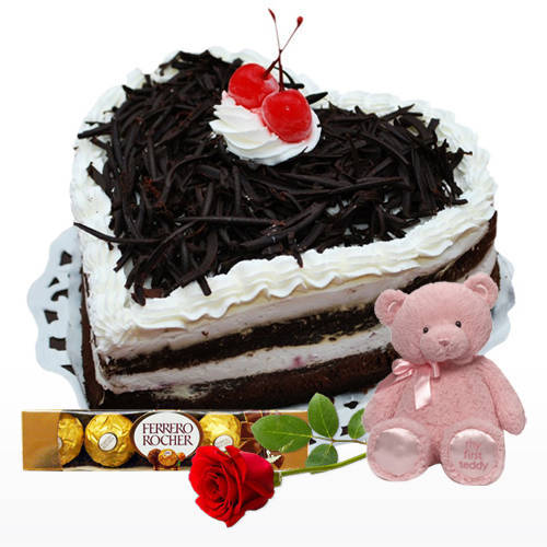 Black Forest Cake with Red Rose Teddy N Ferrero Rocher
