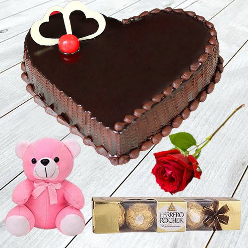 Red Rose with Teddy, Chocolate Cake N Ferrero Rocher