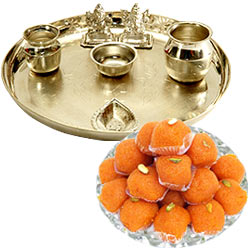 Ghee Ladoo with Silver Plated Puja Thali N Lakshmi Ganesha Combo