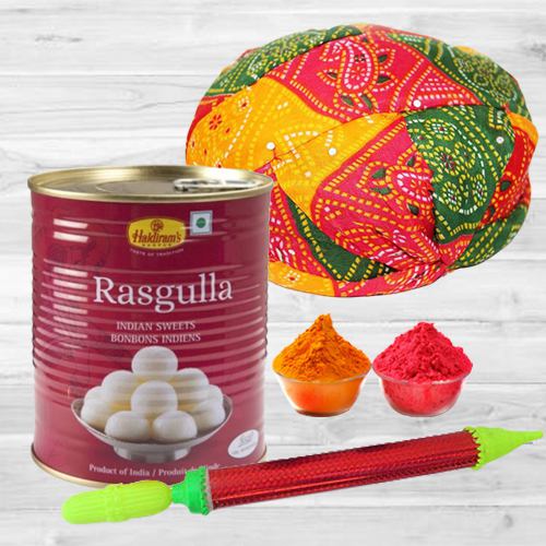 Joyous Holi Gift of Rajasthani Pagri with Pichkari Haldiram Rasgulla N Free Gulal