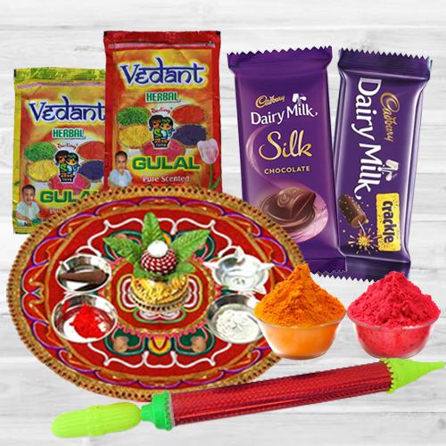 Divine Holi Combo of Puja Thali with Herbal Gulal Pichkari  N Dairy Milk Chocolate