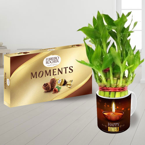 Delicious Ferrero Rocher Chocolate n Personalized Diwali Coffee Mug with 2 Tier Lucky Bamboo Plant