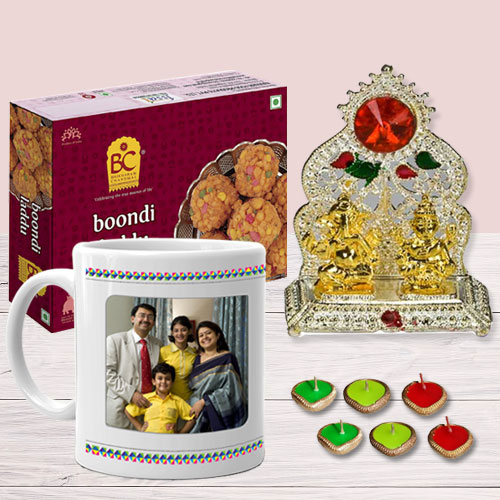 Beautiful Personalized Coffee Mug with Ganesh Laxmi Mandap Bhikaram Boondi Ladoo n Diya