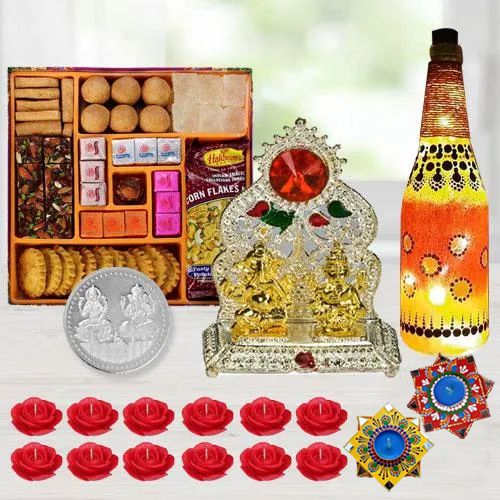 Special Diwali Gift of Ganesh Laxmi Mandap, Diya, Lamp, Sweets, Snacks, Candles n Free Coin