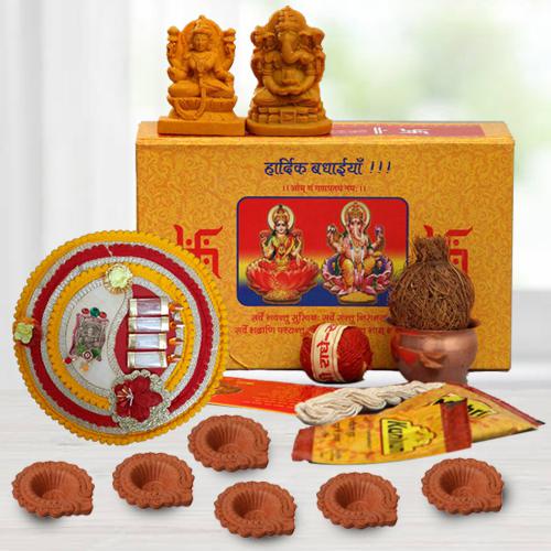 Special Gift Box of Ganesh Laxmi Idol, Diwali Pooja Samagri, Pooja Thali n Diya