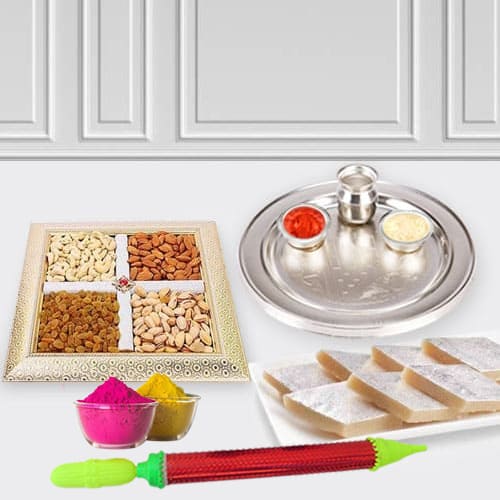 Fabulous Puja Thali with Dry Fruits n Haldirams Kaju Katli for Holi