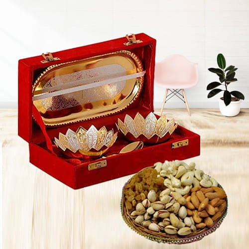 Designer Silver Bowl Set N Assorted Dry Fruits Combo for Mom