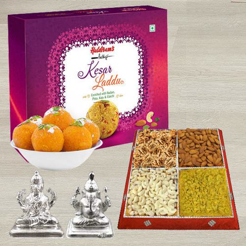 Tasty Gift of Haldiram Kesar Laddoo Dry Fruits n Idol