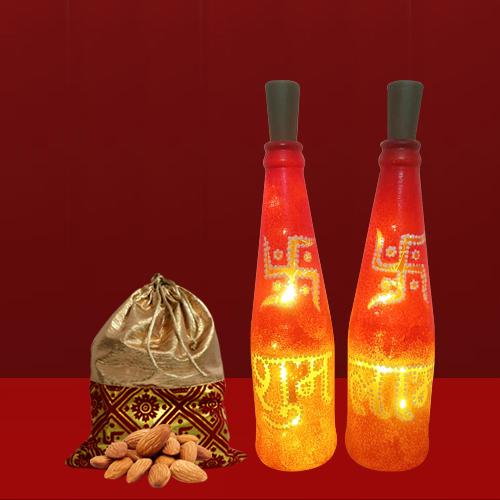 Amazing Pair of Subh Labh LED Bottle Lamp with Almonds in Potli