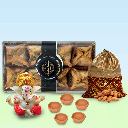 Finest Pyramid Baklawa with Almond Potli Ganesha Idol n Diya