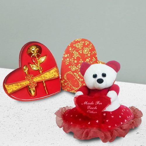 Breathtaking Combo of Golden Rose Heart Box n Teddy with Heart