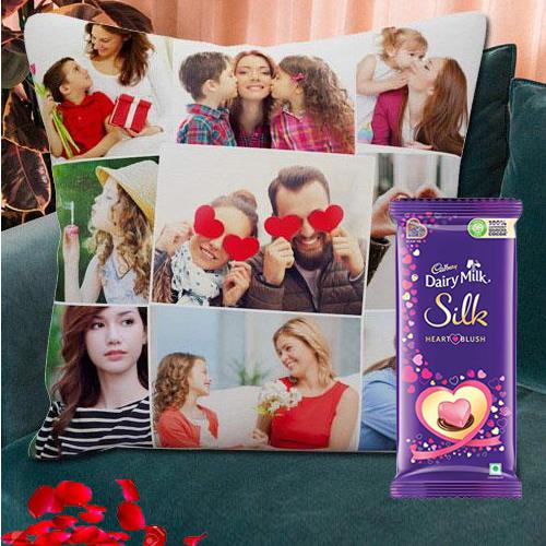 Elegant Personalized Cushion with a Cadbury Dark Milk Chocolate Bar