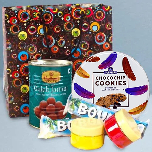 Enjoyable Holi Gift Bag of Danish Cookies with Gulabjamun n Chocolates