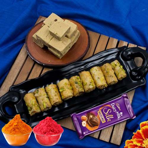 Delicious Kaju Bite with Baklawa and Cadbury Silk Chocolate Bar for Holi