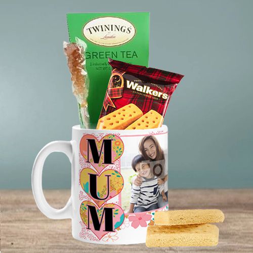 Admirable Personalized Photo Coffee Mug with Twinings Green Tea  N  Walker Cookies