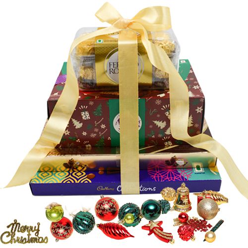Delectable Chocolate Tower Gift with Xmas Decorations