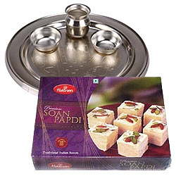 Silver Plated Puja Thali N Haldirams Soan Papdi Combo