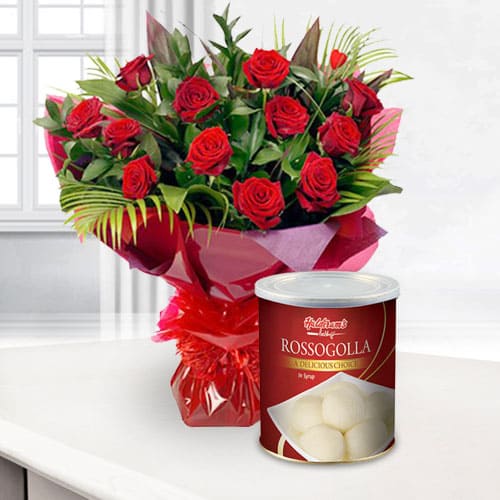 Mesmerizing Bouquet of Red Roses with Haldiram Rasgulla