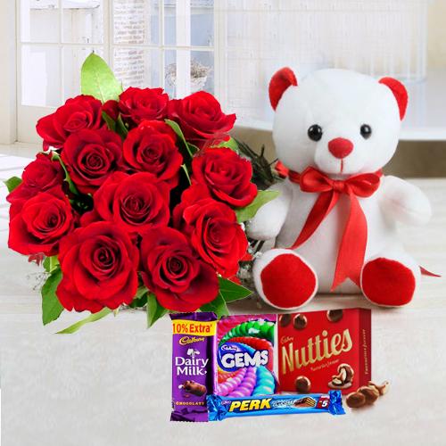 Chocos with Teddy N Red Roses Bouquet