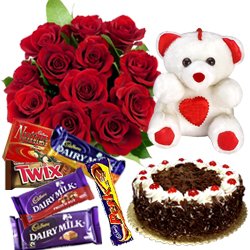 Dutch Roses Bouquet with Cake, Teddy N Assorted Cadbury Chocolates