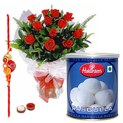 Attractive Present of Rose Bouquet and Rasgullas with Free Rakhi Roli Tilak and Chawal for your Precious Brother on the Occasion of Rakhi