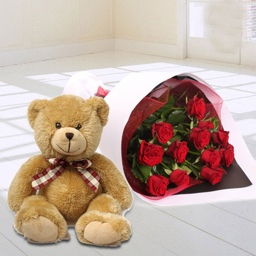 Teddy and Red Rose Bouquet