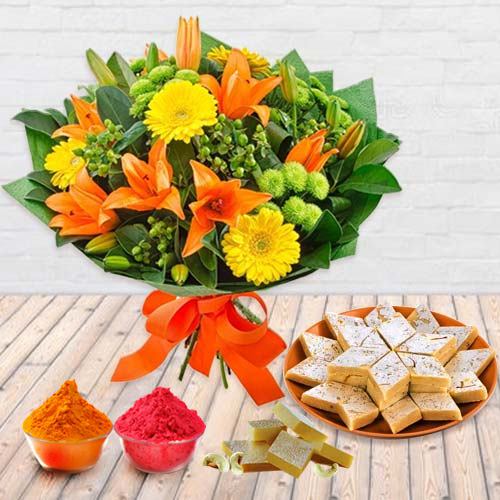 Beautiful fresh Seasonal Flower and delectable Kaju Barfi