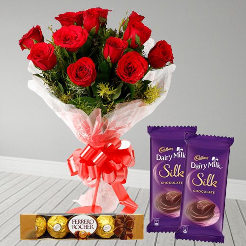Gorgeous Red Rose Bouquet, Ferrero Rocher and Dairy Milk Silk