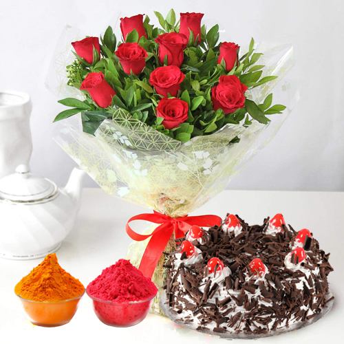 Charming Red Roses along with delicious Black Forest Cake