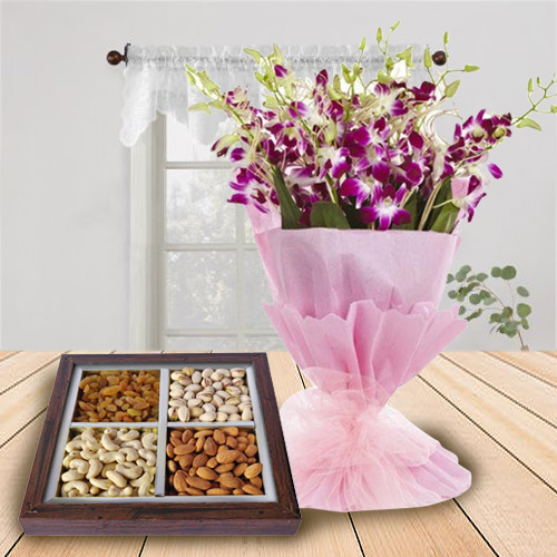 Stunning Orchids Bouquet N Dry Fruits Tray