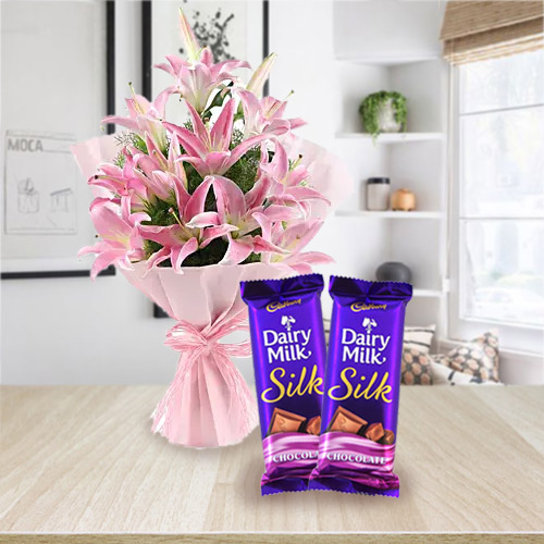 Pretty Oriental Pink Lilies with Dairy Milk Silk