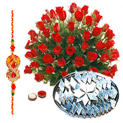 Red Roses and  Kaju Katli with Free Rakhi Roli Tika Chawal