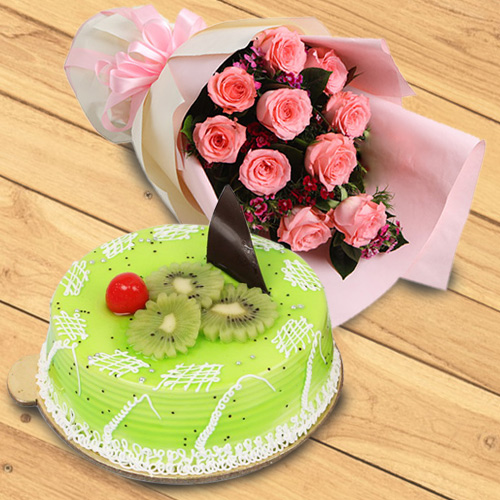 Expressive Bouquet of Red Roses with Kiwi Cake