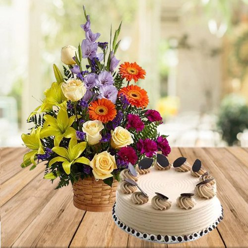 Gorgeous Mixed Flowers Arrangement with Coffee Cake