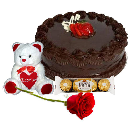 Tasty Chocolate Cake with Teddy Ferrero Rocher N Red Rose