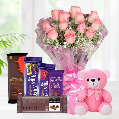 Exclusive Teddy with Pink Roses Bouquet N Mixed Cadbury Chocolates