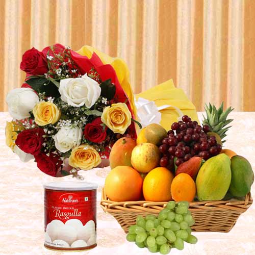 Yummy Haldirams Rasgulla and Mixed Fruits Basket with Bunch of Roses
