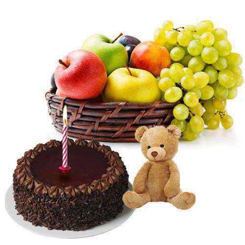 Delectable Chocolate Cake with Fruits Basket Teddy and Candles