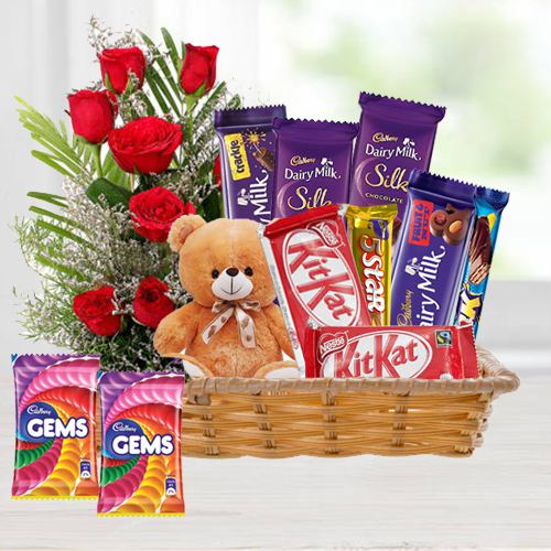 Charming Red Roses Bouquet N Chocolates in a Basket