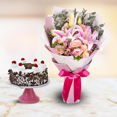 Mixed Flowers Bouquet with Black Forest Cake