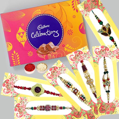 Traditional Set of 6 Rakhis with Cadbury Celebration