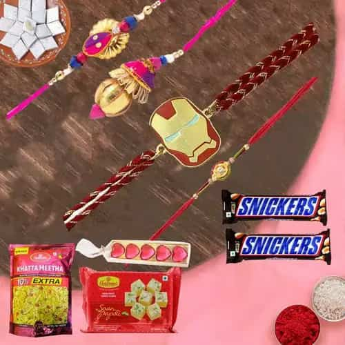 Alluring Family Rakhi Set with Haldirams Assortment