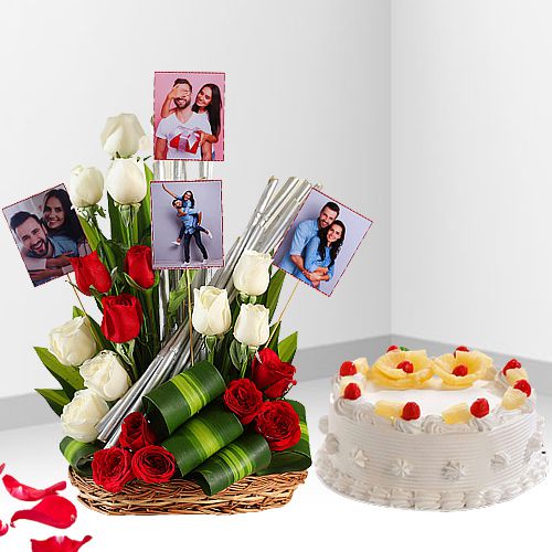 Classy Arrangement of Mixed Roses N Personalized Photos with Pineapple Cake