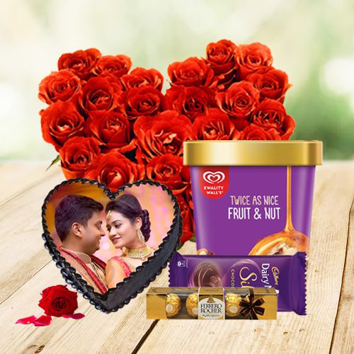 Hearty Roses with Kwality Walls Ice Cream Photo Cake Ferrero Rocher n Cadbury Silk