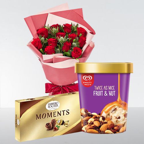 Mesmerizing Red Rose with Kwality Walls Twin Flavor Ice Cream n Ferrero Moments